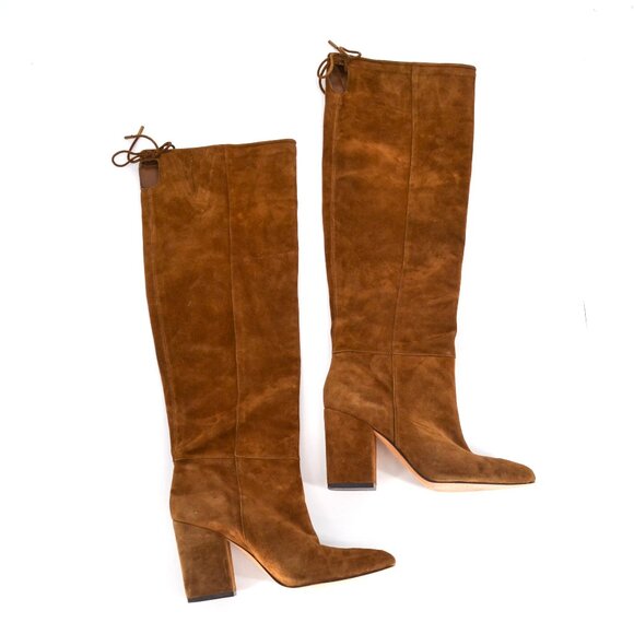 Vince Camuto Sarelia Knee High Boots Suede Brown Block Heel Wide Calf 7 US 37.5